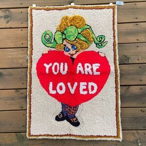 Vintage Handmade Latch Hook Rug "You Are Loved" Big Eyes 24x35 Retro Folk Art